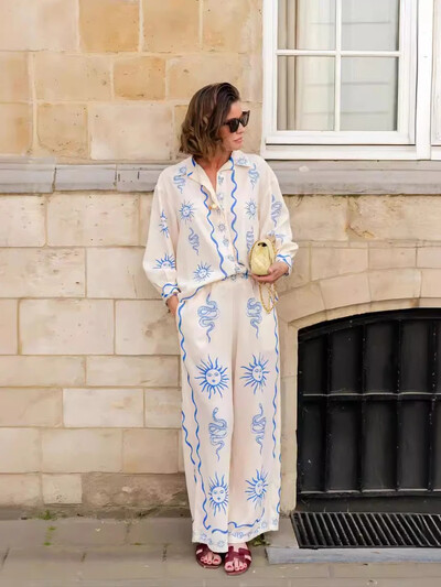 Kompleti za žene, 2 komada, proljeće ljeto 2024. Nova moda, svestrani topovi s printom dugih rukava Komplet ležernih širokih hlača odijela