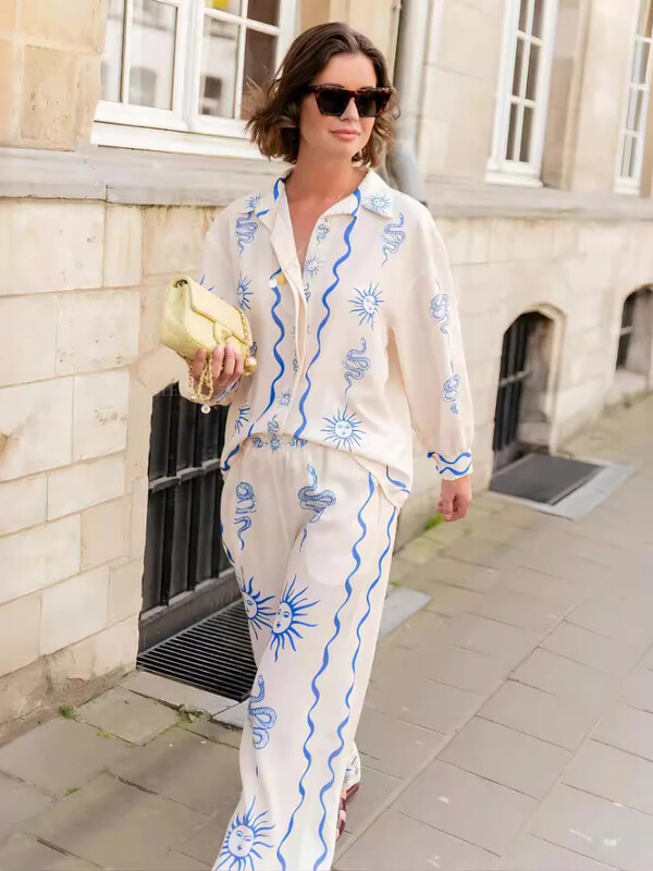 Kompleti za žene, 2 komada, proljeće ljeto 2024. Nova moda, svestrani topovi s printom dugih rukava Komplet ležernih širokih hlača odijela