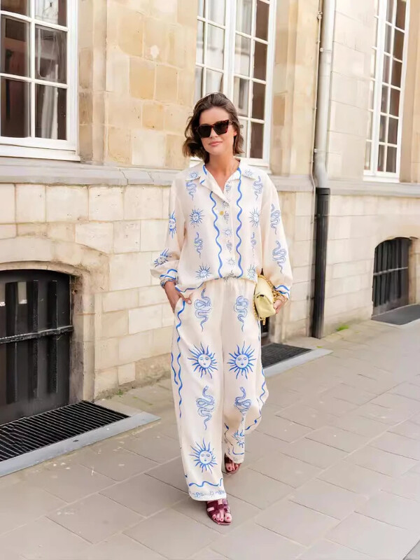 Kompleti za žene, 2 komada, proljeće ljeto 2024. Nova moda, svestrani topovi s printom dugih rukava Komplet ležernih širokih hlača odijela