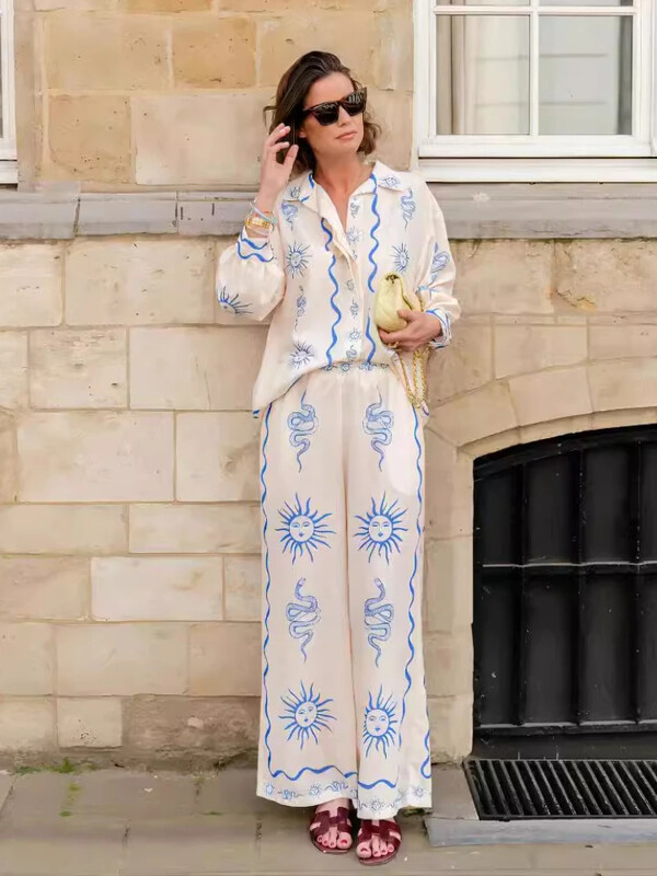 Kompleti za žene, 2 komada, proljeće ljeto 2024. Nova moda, svestrani topovi s printom dugih rukava Komplet ležernih širokih hlača odijela