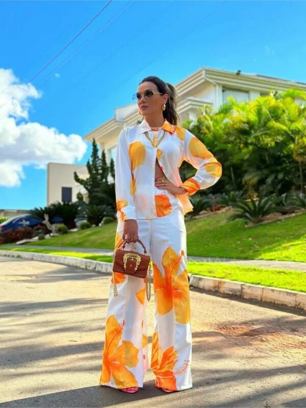 Ženski 2-dijelni set 2024. Proljeće Jesen Košulja s cvjetnim printom Komplet hlača širokih nogavica Modni uredski ženski ležerni dnevni set košulja