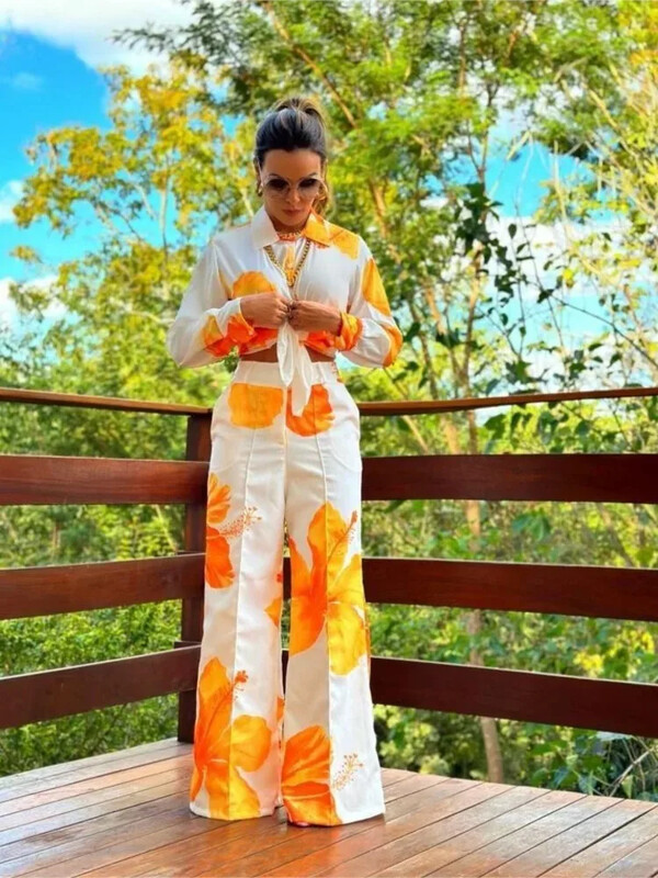 Ženski 2-dijelni set 2024. Proljeće Jesen Košulja s cvjetnim printom Komplet hlača širokih nogavica Modni uredski ženski ležerni dnevni set košulja