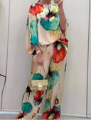 Καλοκαιρινή μόδα εμπριμέ σατέν σετ δύο τεμαχίων Γυναικεία σέξι μπλούζα με στρογγυλή λαιμόκοψη 3/4 μανίκια + παντελόνι με φαρδύ πόδι Casual σετ δύο τεμαχίων