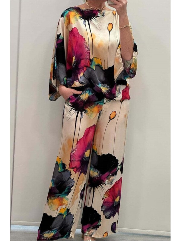 Καλοκαιρινή μόδα εμπριμέ σατέν σετ δύο τεμαχίων Γυναικεία σέξι μπλούζα με στρογγυλή λαιμόκοψη 3/4 μανίκια + παντελόνι με φαρδύ πόδι Casual σετ δύο τεμαχίων