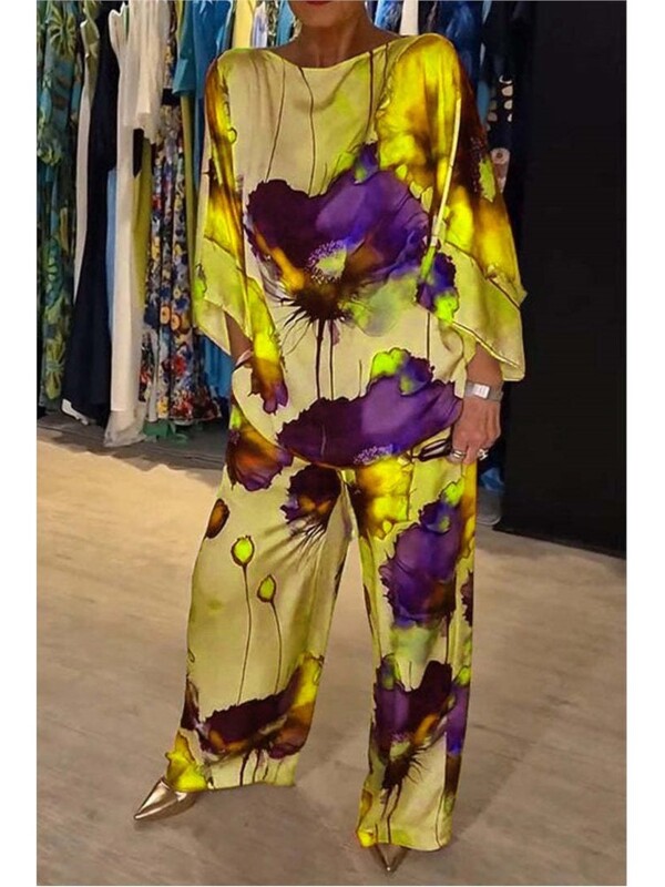 Καλοκαιρινή μόδα εμπριμέ σατέν σετ δύο τεμαχίων Γυναικεία σέξι μπλούζα με στρογγυλή λαιμόκοψη 3/4 μανίκια + παντελόνι με φαρδύ πόδι Casual σετ δύο τεμαχίων