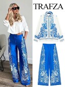 TRAFZA Ženski komplet hlača s printom na okretni ovratnik, dugih rukava, ležerne košulje s jednim kopčanjem + široke hlače s patentnim zatvaračem s visokim strukom