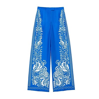 TRAFZA Ženski komplet hlača s printom na okretni ovratnik, dugih rukava, ležerne košulje s jednim kopčanjem + široke hlače s patentnim zatvaračem s visokim strukom