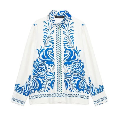 TRAFZA Ženski komplet hlača s printom na okretni ovratnik, dugih rukava, ležerne košulje s jednim kopčanjem + široke hlače s patentnim zatvaračem s visokim strukom