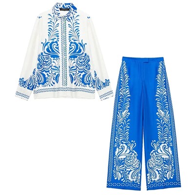 TRAFZA Ženski komplet hlača s printom na okretni ovratnik, dugih rukava, ležerne košulje s jednim kopčanjem + široke hlače s patentnim zatvaračem s visokim strukom