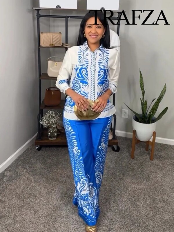 TRAFZA Ženski komplet hlača s printom na okretni ovratnik, dugih rukava, ležerne košulje s jednim kopčanjem + široke hlače s patentnim zatvaračem s visokim strukom