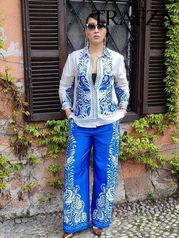 TRAFZA Ženski komplet hlača s printom na okretni ovratnik, dugih rukava, ležerne košulje s jednim kopčanjem + široke hlače s patentnim zatvaračem s visokim strukom