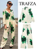 TRAFZA 2024 Nova modna ženska ženska majica s reverima s printom na rever Ležerna košulja s džepovima na vezanje i elegantni nabori Ženske duge hlače širokih nogavica