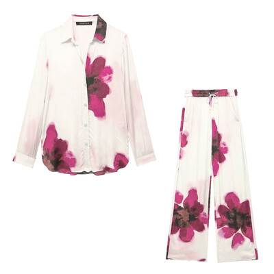 TRAFZA 2024 Nova modna ženska ženska majica s reverima s printom na rever Ležerna košulja s džepovima na vezanje i elegantni nabori Ženske duge hlače širokih nogavica