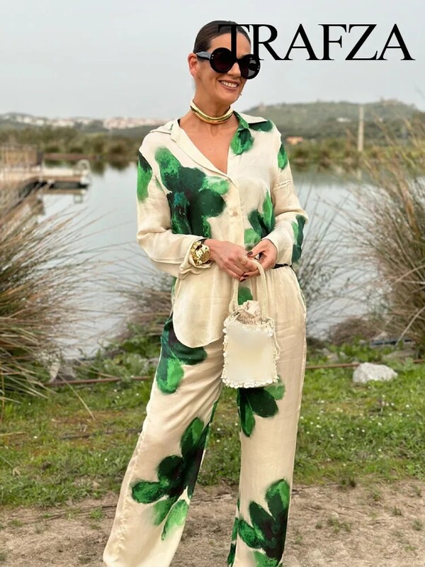 TRAFZA 2024 Nova modna ženska ženska majica s reverima s printom na rever Ležerna košulja s džepovima na vezanje i elegantni nabori Ženske duge hlače širokih nogavica