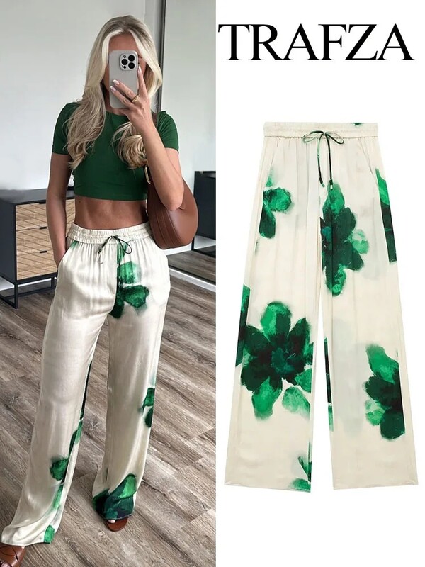 TRAFZA 2024 Nova modna ženska ženska majica s reverima s printom na rever Ležerna košulja s džepovima na vezanje i elegantni nabori Ženske duge hlače širokih nogavica