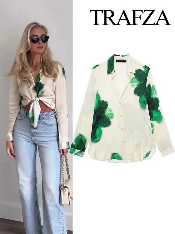 TRAFZA 2024 Nova modna ženska ženska majica s reverima s printom na rever Ležerna košulja s džepovima na vezanje i elegantni nabori Ženske duge hlače širokih nogavica