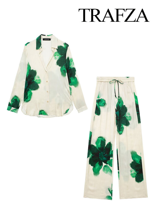 TRAFZA 2024 Nova modna ženska ženska majica s reverima s printom na rever Ležerna košulja s džepovima na vezanje i elegantni nabori Ženske duge hlače širokih nogavica
