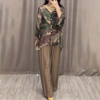 Ținute largi cu imprimeu de marmură retro pentru femei, de primăvară, cu decolteu în V, bluză cu nasturi, cămașă și pantaloni plisați 2 buc. Set de costume de toamnă cu mânecă lungă pentru femei