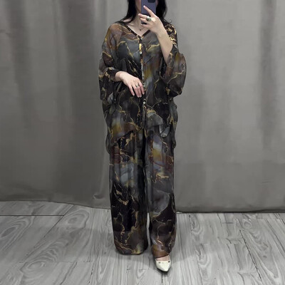 Opuštena ženska odjeća s retro mramornim printom, proljetna bluza s V izrezom, košulja s gumbima i plisirane hlače, 2 komada jesenskog ženskog kompleta odijela dugih rukava