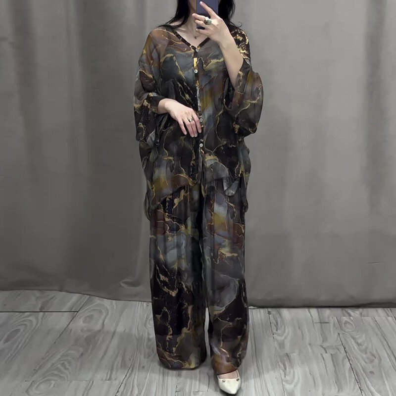 Opuštena ženska odjeća s retro mramornim printom, proljetna bluza s V izrezom, košulja s gumbima i plisirane hlače, 2 komada jesenskog ženskog kompleta odijela dugih rukava