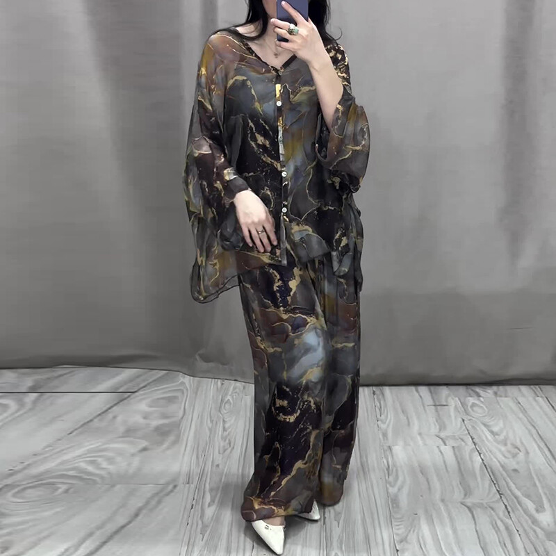 Opuštena ženska odjeća s retro mramornim printom, proljetna bluza s V izrezom, košulja s gumbima i plisirane hlače, 2 komada jesenskog ženskog kompleta odijela dugih rukava