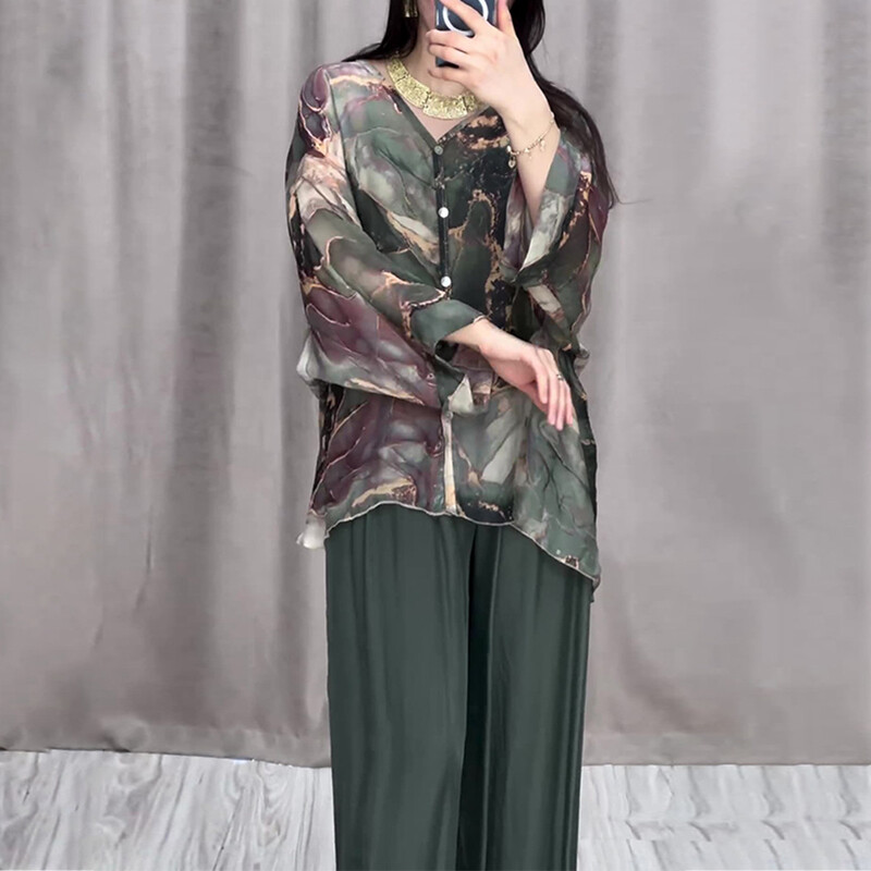 Opuštena ženska odjeća s retro mramornim printom, proljetna bluza s V izrezom, košulja s gumbima i plisirane hlače, 2 komada jesenskog ženskog kompleta odijela dugih rukava
