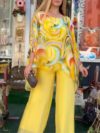 Set de pantaloni lungi cu mâneci 3/4 din șifon colorat de vară pentru femei, noua modă