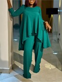 Дамски ежедневен комплект Ежедневен комплект с кръгло деколте Свободно неправилно горнище, модни едноцветни панталони Дамски есенно-зимен ежедневен комплект от две части