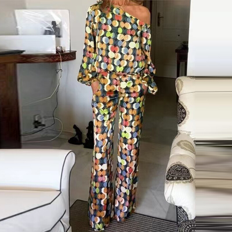 Top cu mâneci cu umăr elegant, ținute cu pantaloni lungi, 2023, pentru femei, ocazional, costum în două piese, la modă, cu imprimeu de primăvară, set cu mâneci lungi de buzunar