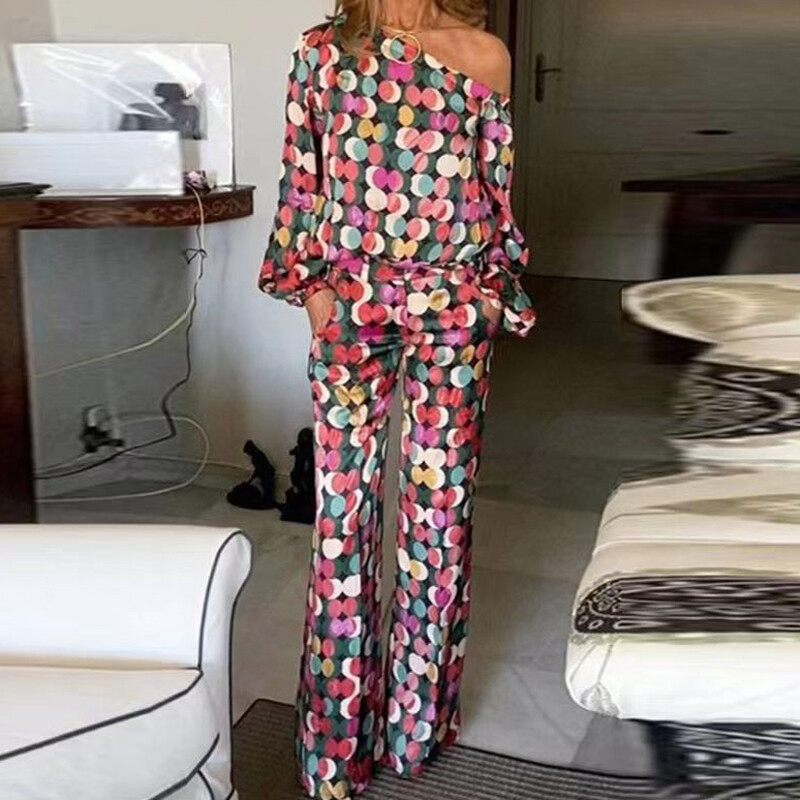 Top cu mâneci cu umăr elegant, ținute cu pantaloni lungi, 2023, pentru femei, ocazional, costum în două piese, la modă, cu imprimeu de primăvară, set cu mâneci lungi de buzunar