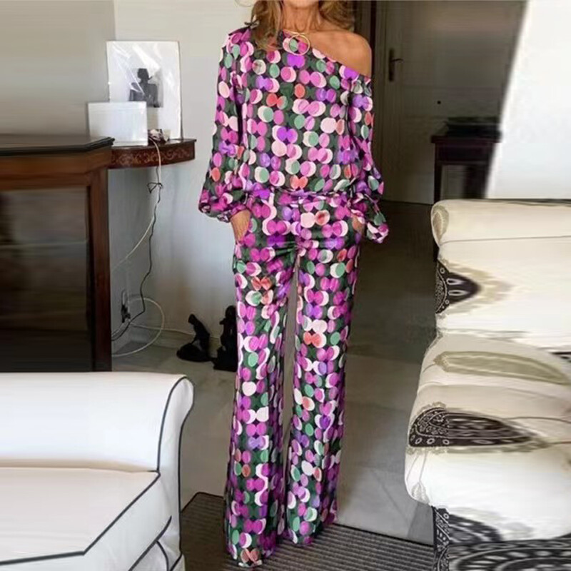 Top cu mâneci cu umăr elegant, ținute cu pantaloni lungi, 2023, pentru femei, ocazional, costum în două piese, la modă, cu imprimeu de primăvară, set cu mâneci lungi de buzunar