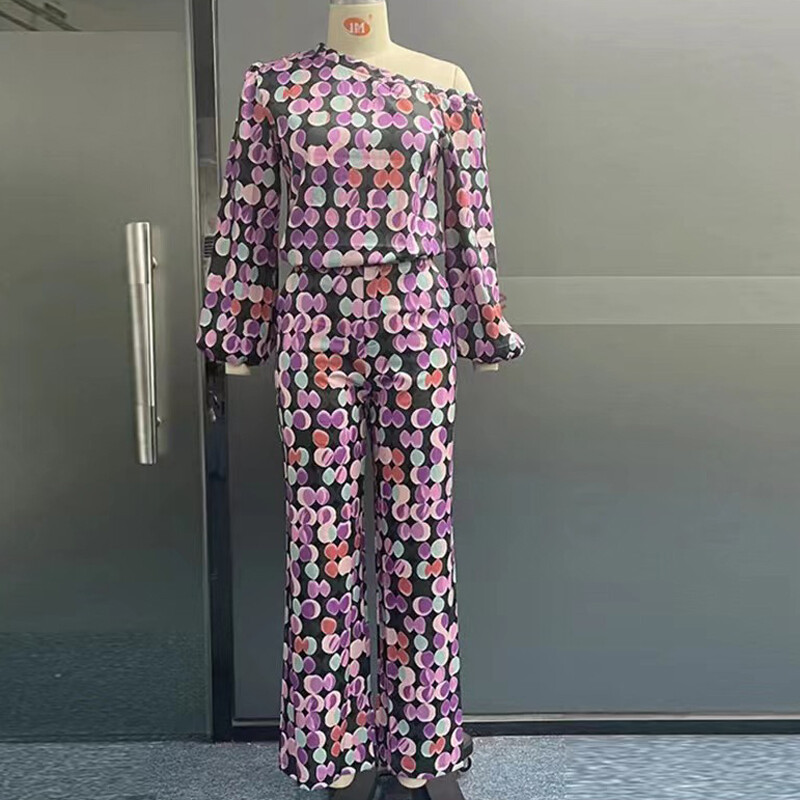 Top cu mâneci cu umăr elegant, ținute cu pantaloni lungi, 2023, pentru femei, ocazional, costum în două piese, la modă, cu imprimeu de primăvară, set cu mâneci lungi de buzunar