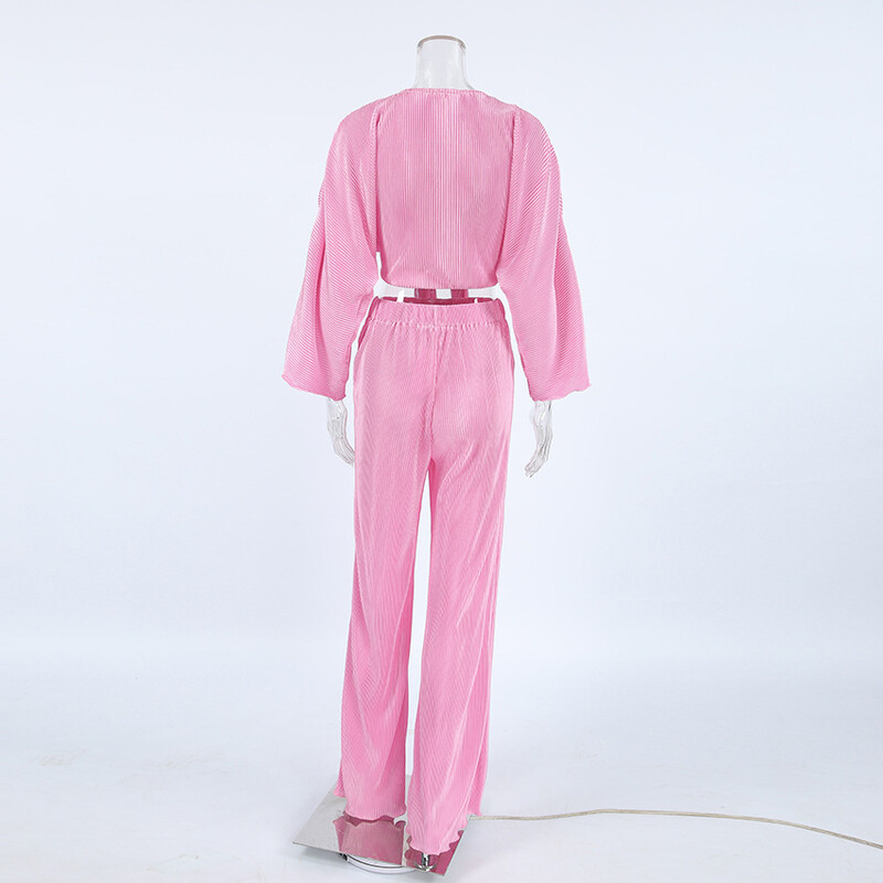 Jyate Ružičaste košulje s križnim V-izrezom i plisirane hlače Dvodijelni kompleti Jesen 2024. plisirana široka odjeća za odmor Ženski kompleti hlača
