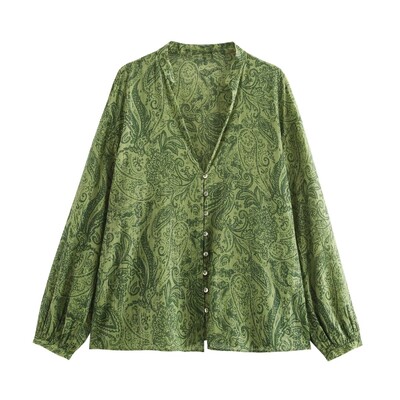 TRAFZA Ženske široke košulje s dugim rukavima s jednorednim kopčanjem, zelenim printom i V-izrezom + modne 2-dijelne hlače visokog struka s uzicom