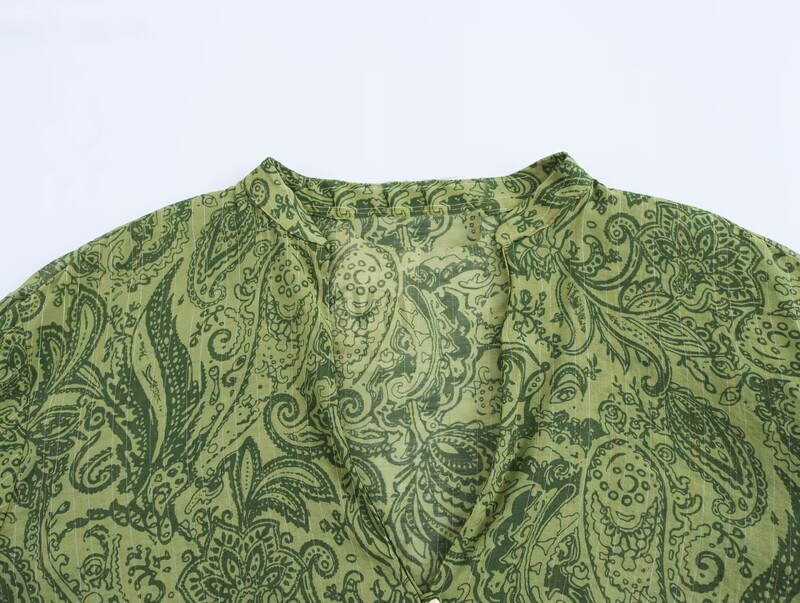 TRAFZA Ženske široke košulje s dugim rukavima s jednorednim kopčanjem, zelenim printom i V-izrezom + modne 2-dijelne hlače visokog struka s uzicom