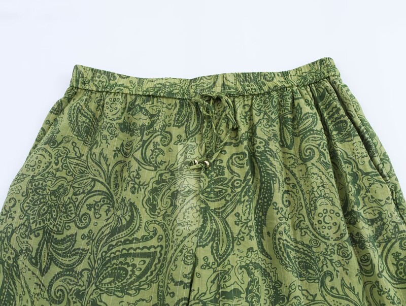 TRAFZA Ženske široke košulje s dugim rukavima s jednorednim kopčanjem, zelenim printom i V-izrezom + modne 2-dijelne hlače visokog struka s uzicom