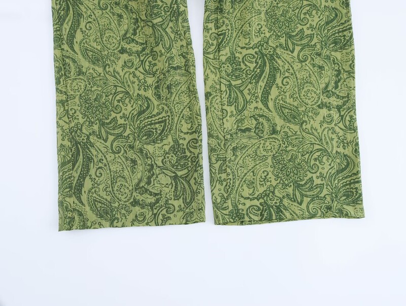 TRAFZA Ženske široke košulje s dugim rukavima s jednorednim kopčanjem, zelenim printom i V-izrezom + modne 2-dijelne hlače visokog struka s uzicom