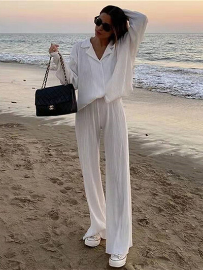 hirigin Plisirani komplet salonki Ženska dvodijelna ljetna košulja dugih rukava Hlače s dugmadima Ležerna ženska odjeća za vježbanje