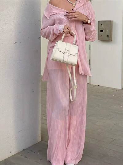 hirigin Plisirani komplet salonki Ženska dvodijelna ljetna košulja dugih rukava Hlače s dugmadima Ležerna ženska odjeća za vježbanje