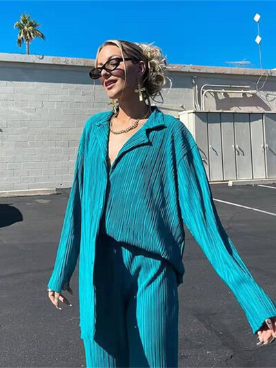 hirigin Plisirani komplet salonki Ženska dvodijelna ljetna košulja dugih rukava Hlače s dugmadima Ležerna ženska odjeća za vježbanje