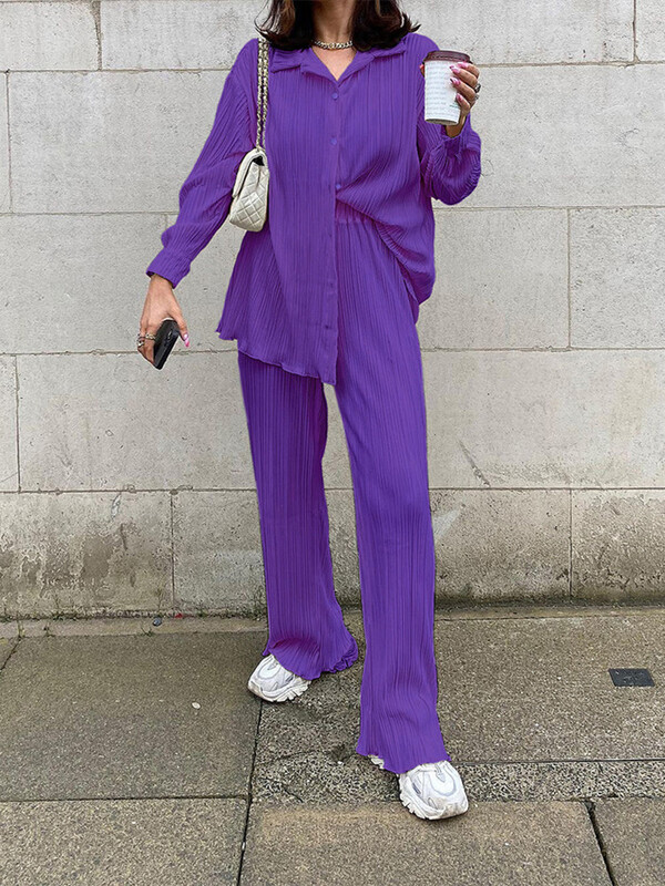 hirigin Plisirani komplet salonki Ženska dvodijelna ljetna košulja dugih rukava Hlače s dugmadima Ležerna ženska odjeća za vježbanje