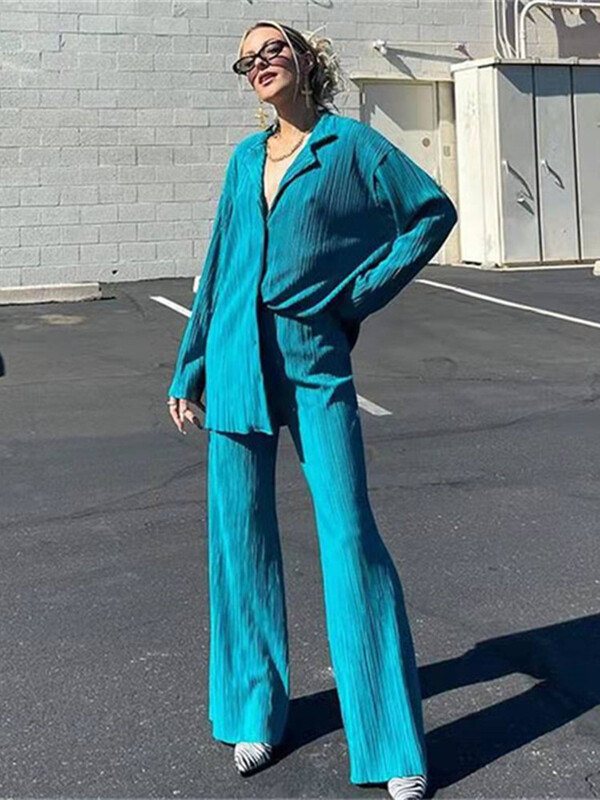 hirigin Plisirani komplet salonki Ženska dvodijelna ljetna košulja dugih rukava Hlače s dugmadima Ležerna ženska odjeća za vježbanje