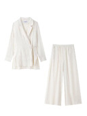 TRAFZA ženski set od 2 komada, ukras na vezivanje, plisirani efekt, svijetli rever, jakna s podijeljenim gornjim dijelom + hlače širokih nogavica s elastičnim strukom Mujer