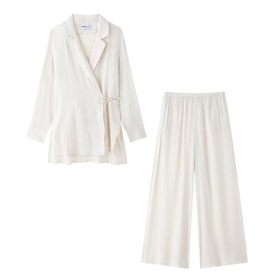 TRAFZA ženski set od 2 komada, ukras na vezivanje, plisirani efekt, svijetli rever, jakna s podijeljenim gornjim dijelom + hlače širokih nogavica s elastičnim strukom Mujer