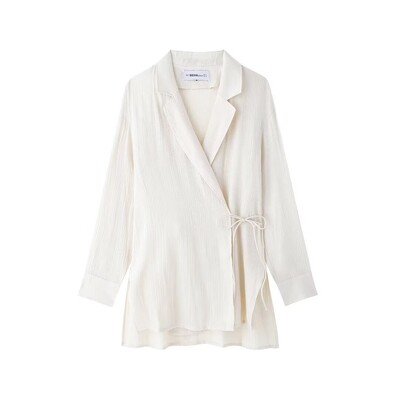 TRAFZA ženski set od 2 komada, ukras na vezivanje, plisirani efekt, svijetli rever, jakna s podijeljenim gornjim dijelom + hlače širokih nogavica s elastičnim strukom Mujer