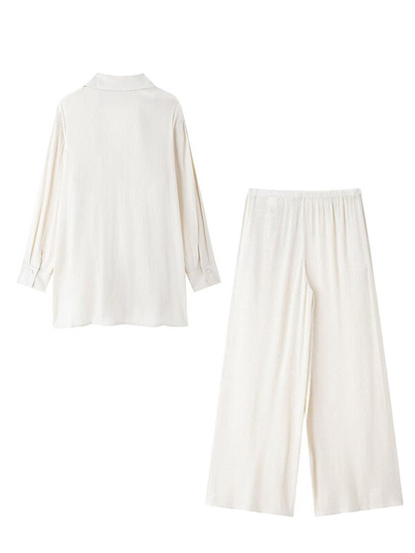 TRAFZA ženski set od 2 komada, ukras na vezivanje, plisirani efekt, svijetli rever, jakna s podijeljenim gornjim dijelom + hlače širokih nogavica s elastičnim strukom Mujer