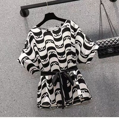 Moekas ja elegantne šifoonist särk, naiste suvine ülisuure kõhtu katva ülaosa, mikro laienevad püksid, kaheosaline komplekt