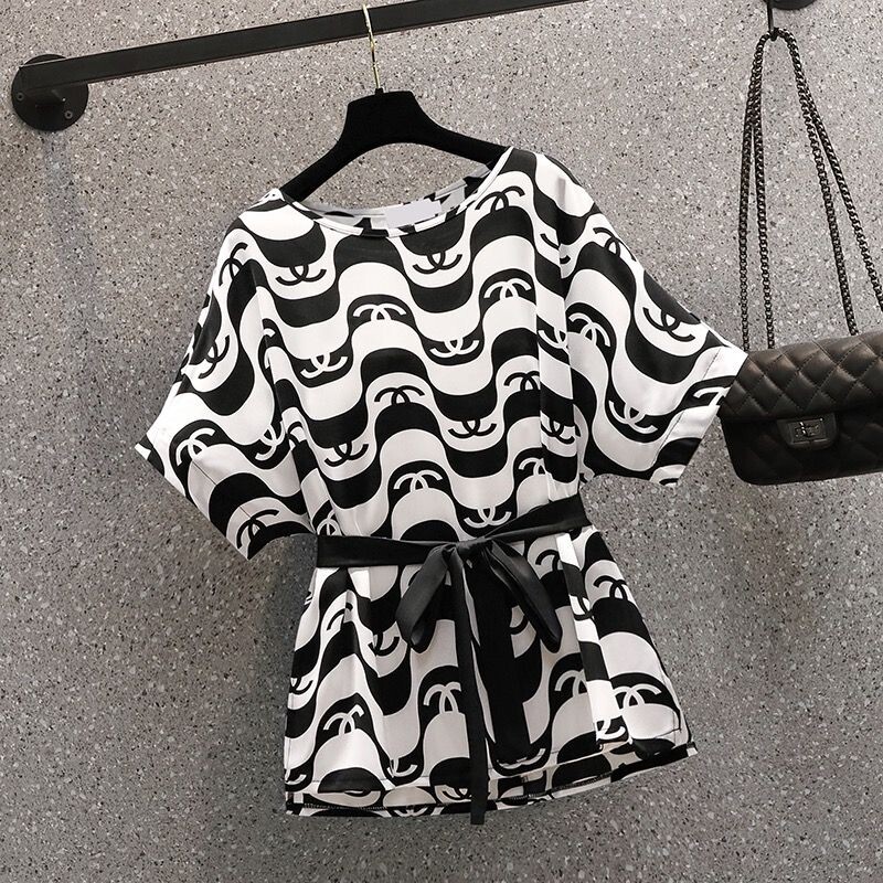 Moekas ja elegantne šifoonist särk, naiste suvine ülisuure kõhtu katva ülaosa, mikro laienevad püksid, kaheosaline komplekt