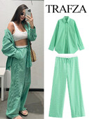 TRAFZA ljetno modno žensko odijelo s otvorenim ovratnikom, dugim rukavima, jednoredne košulje s džepovima + široke hlače na vezanje u struku