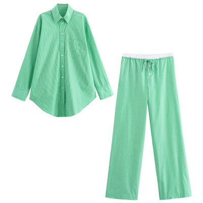 TRAFZA ljetno modno žensko odijelo s otvorenim ovratnikom, dugim rukavima, jednoredne košulje s džepovima + široke hlače na vezanje u struku